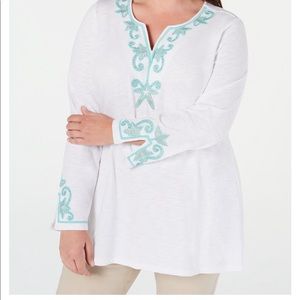 Charter club plus cotton beaded embroidered tunic